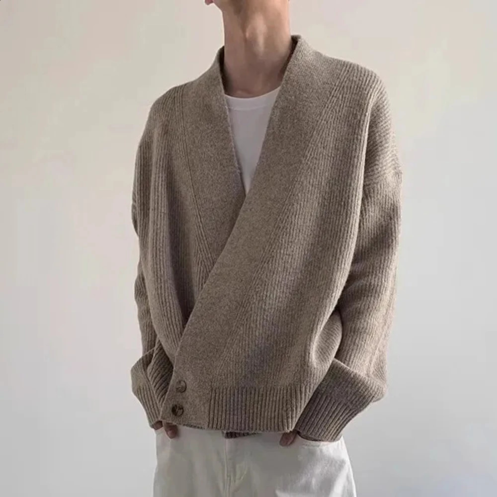 American High Street Fashion Solid Color Sweater Jacket Autumn And Winter Irregular Oblique Button V-Neck Cardigan Sweater Men 241223