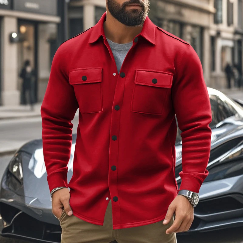 Stylish fleece single-breasted long-sleeved lapel shirt with double pockets shows personality and charm for many occasions 241223