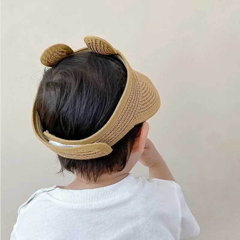 Caps Hats Cute bear ears empty top hat baby straw hat childrens long Brim sunshade childrens adjustable summer beach hat boys and girls props H241223