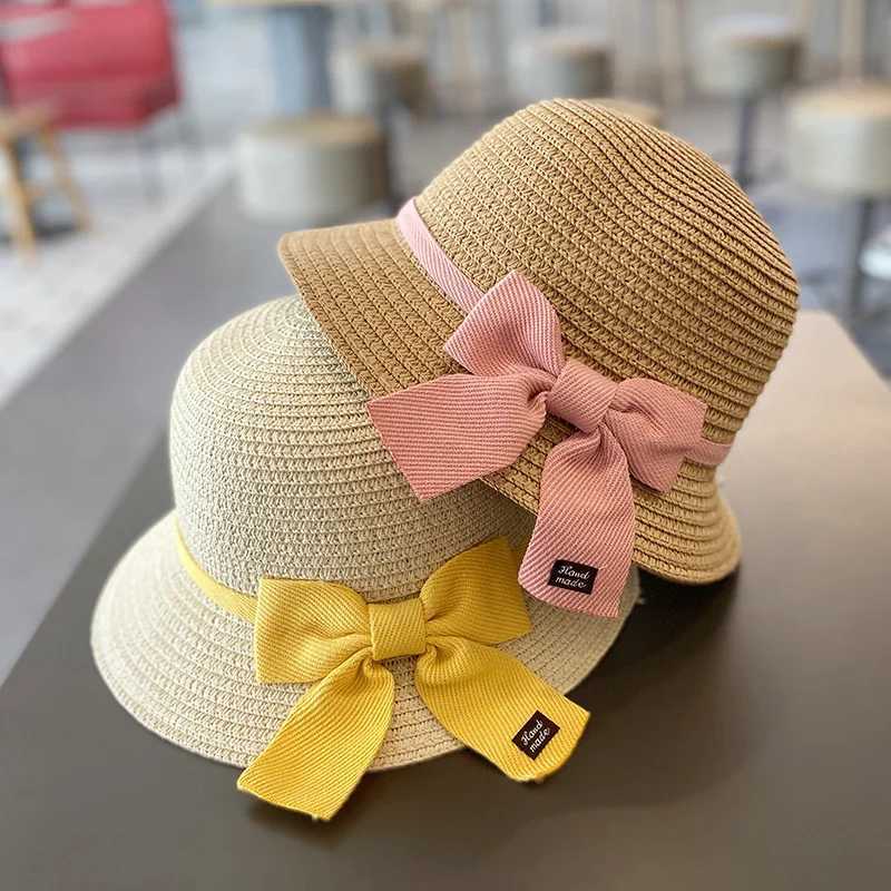 Caps Hats 3-8-year-old girls sunny straw hat and bag 2024 new princess childrens summer outdoor sunny beach hat sun fisherman hat H241223