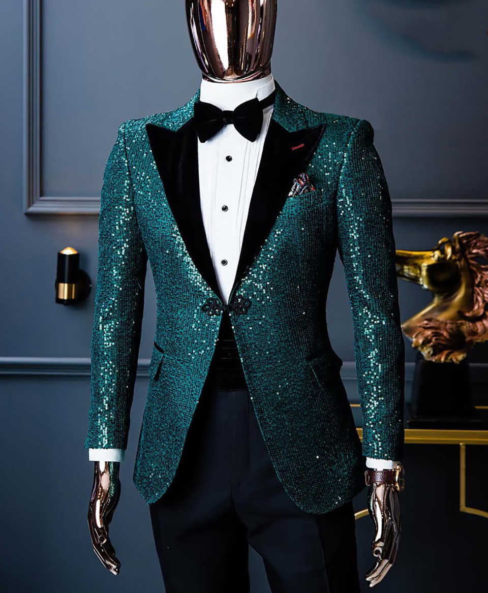 Bling Wedding Tuxedos Sequins 1 Piece Set Coat Peaked Lapel Men Suits Sparkly One Button Groom Wear Party Event Customized
