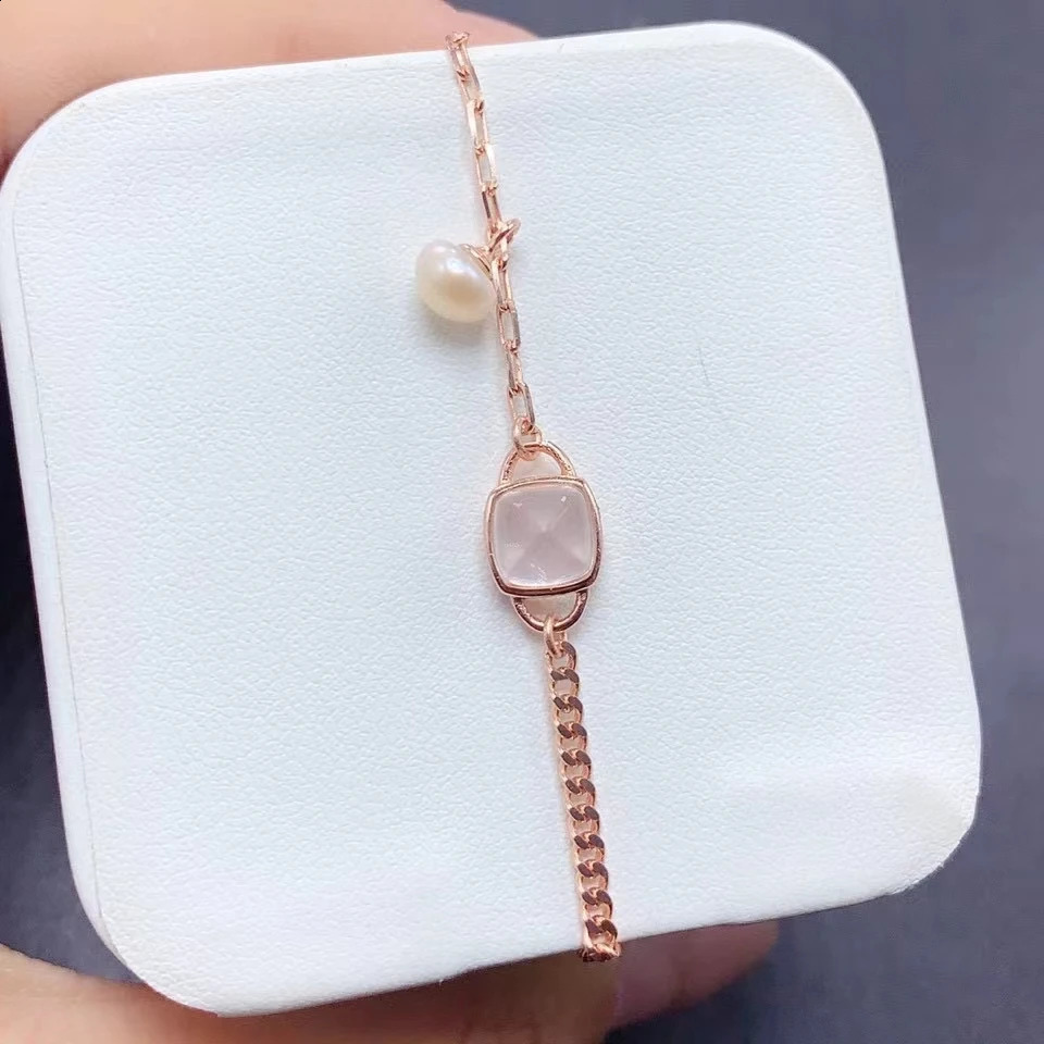 Natural Rose Quartz and Pearl Bracelet for Daily Wear 6mm 1ct Natural Rose Quartz 925 Silver Bracelet with Gold Plated 241220