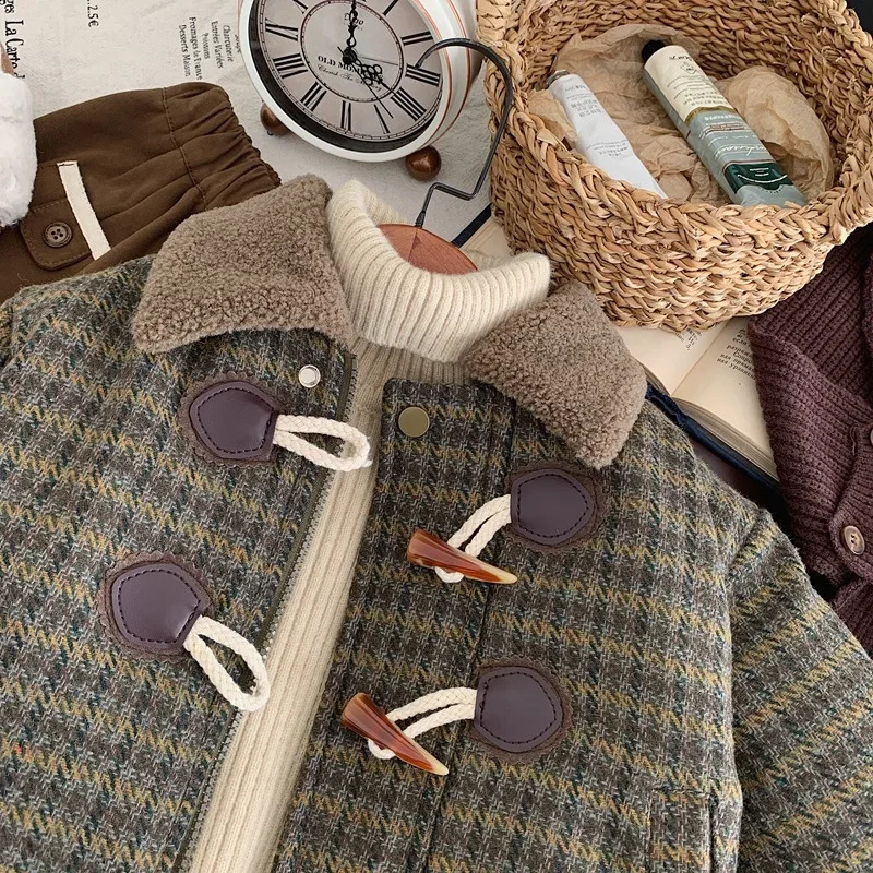 Kid Parkas Coats Children Horn Buckle Children Tweed Coat Boy Cotton Plaid Coat Baby Warm Autumn and Winter Thick Coat 241223