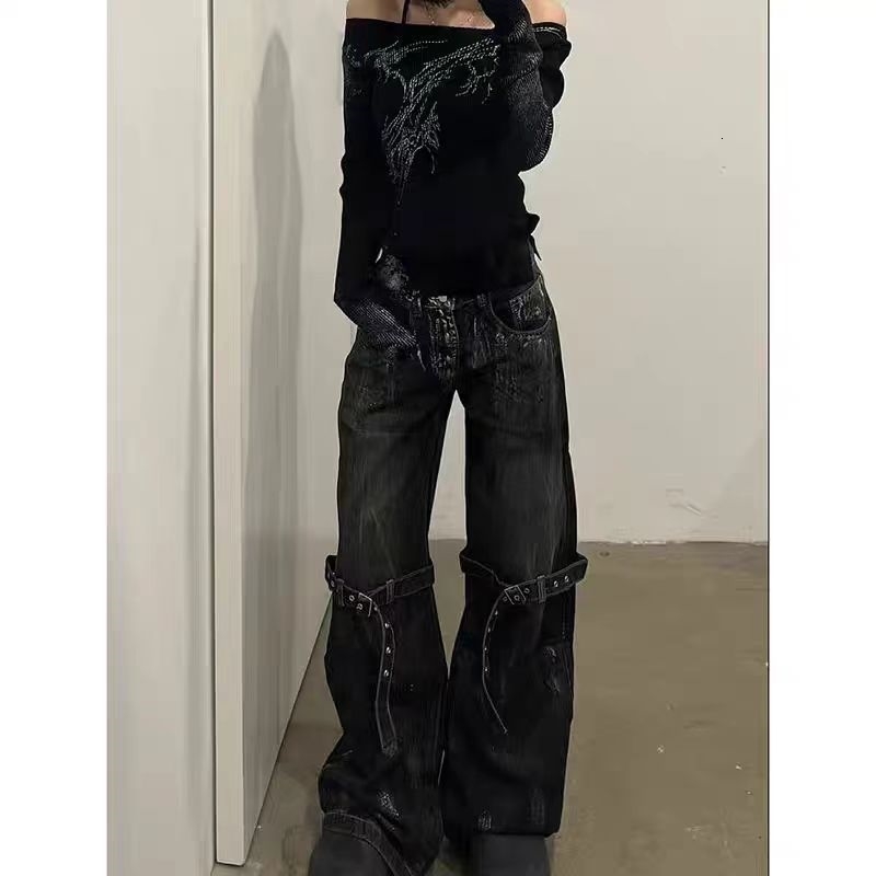 American retro wide leg bag casual denim Trouser Harajuku solid high waisted loose jeans 2024 summer belt womens pants 241223