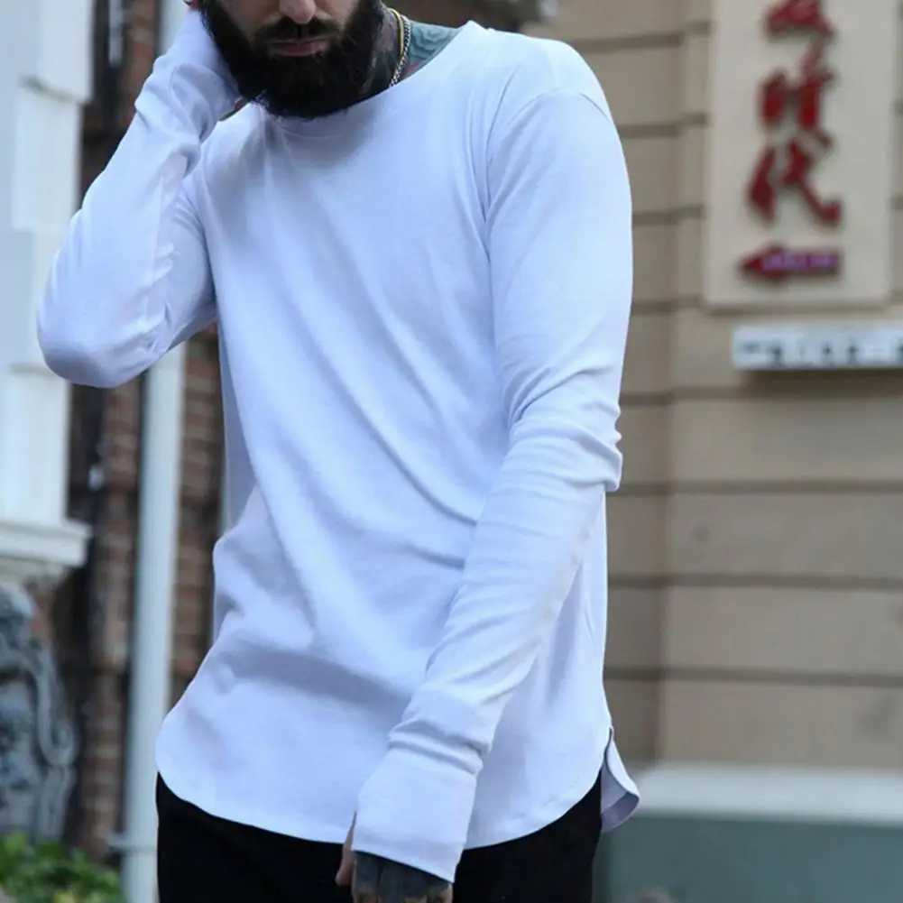 Casual mens top mens spring T-shirt long sleeves round neck soft warm thumb hole mens T-shirt M241223