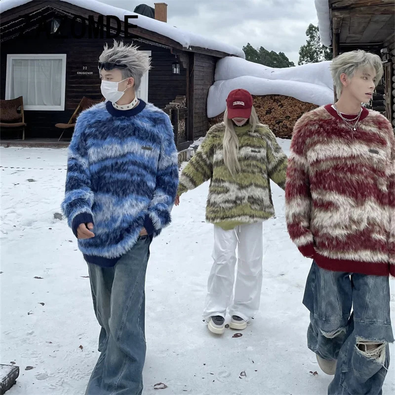 ZAZOMDE Striped American Style Street Knitted Sweaters Top For Men Women Trendy Casual Couple Knitwear Sweater Clothing Men 241223