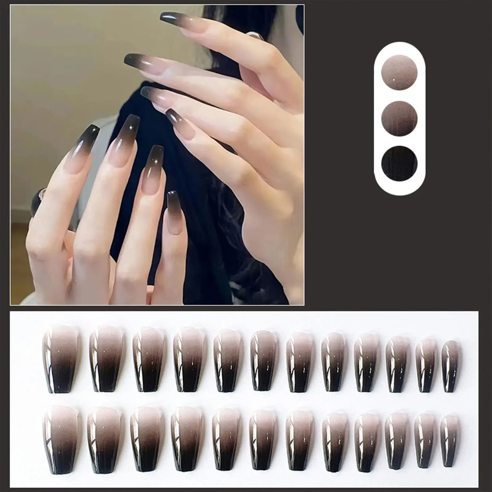 24pcs Cool Girl False Nails Press On Long Coffin Square Ballet Nail Tips Full Cover Acrylic Fake Nail With Black Gradient 241223