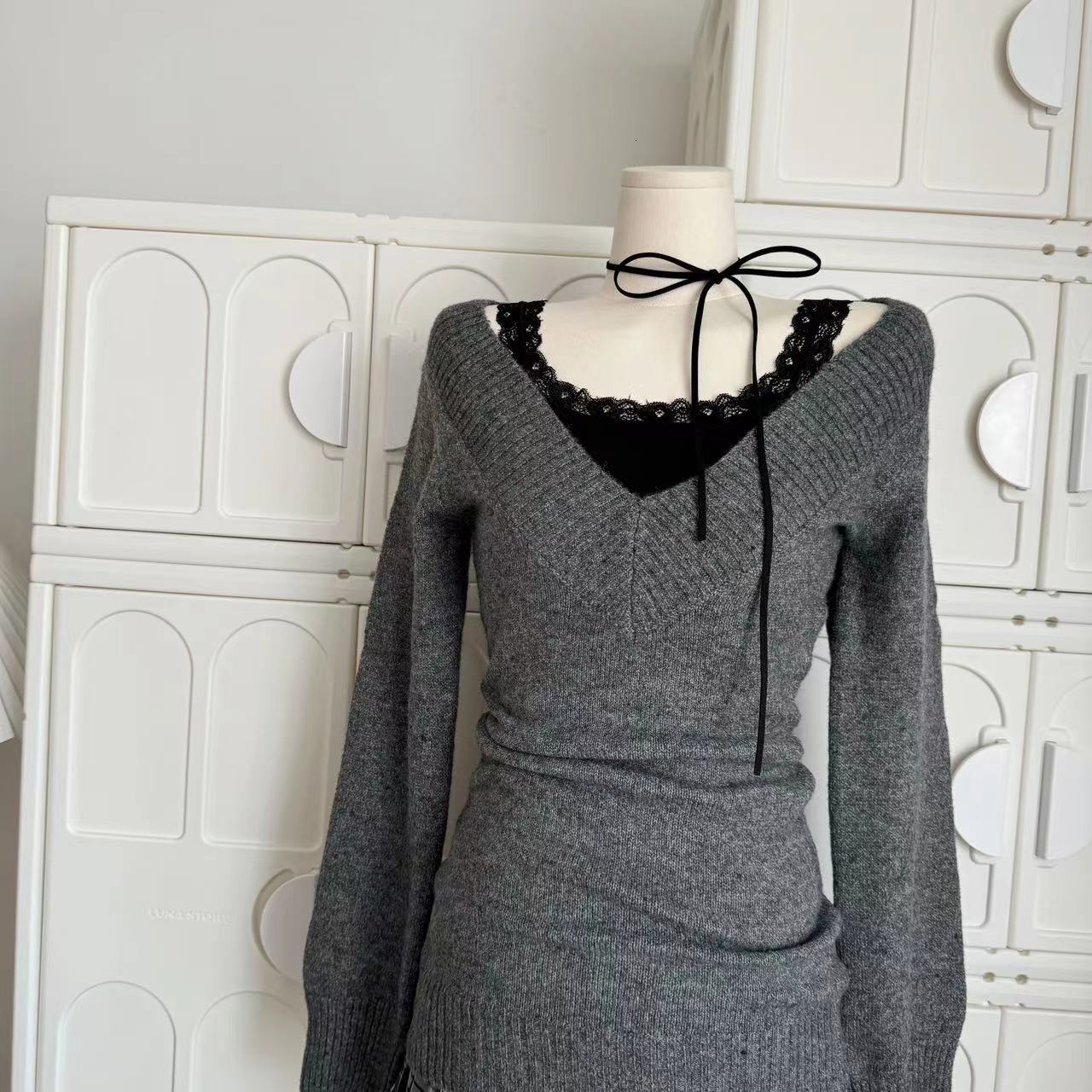 Autumn Winter Woman Gyaru Coquette V-Neck French Vintage Sweater Long Sleeve Pullovers Knitwears 2000S Aesthetic Old Money Thick