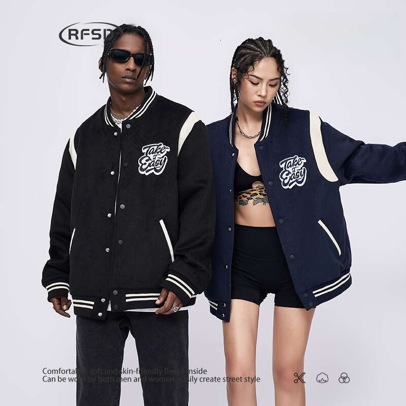 Autumn/Winter New Color Contrasting Loose Embroidered Baseball Couple Cotton Jacket Men and Women