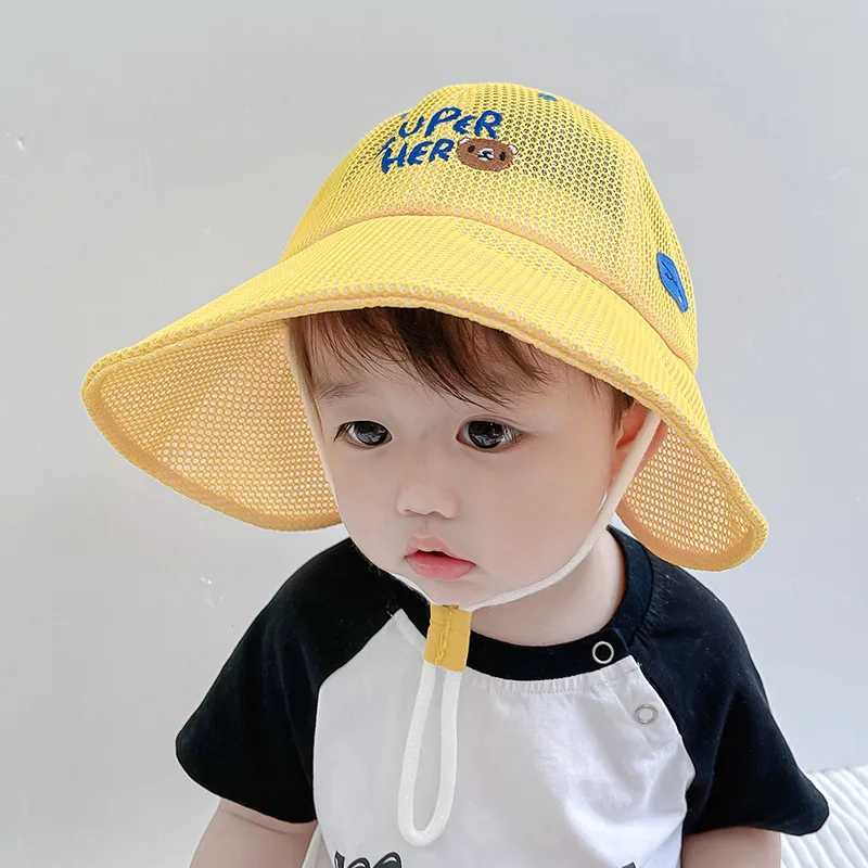 Caps Hats Summer childrens mesh fisherman hat boys and girls outdoor cool breathable Visors childrens large Brim Sunshade potted hat cute baby sun hat