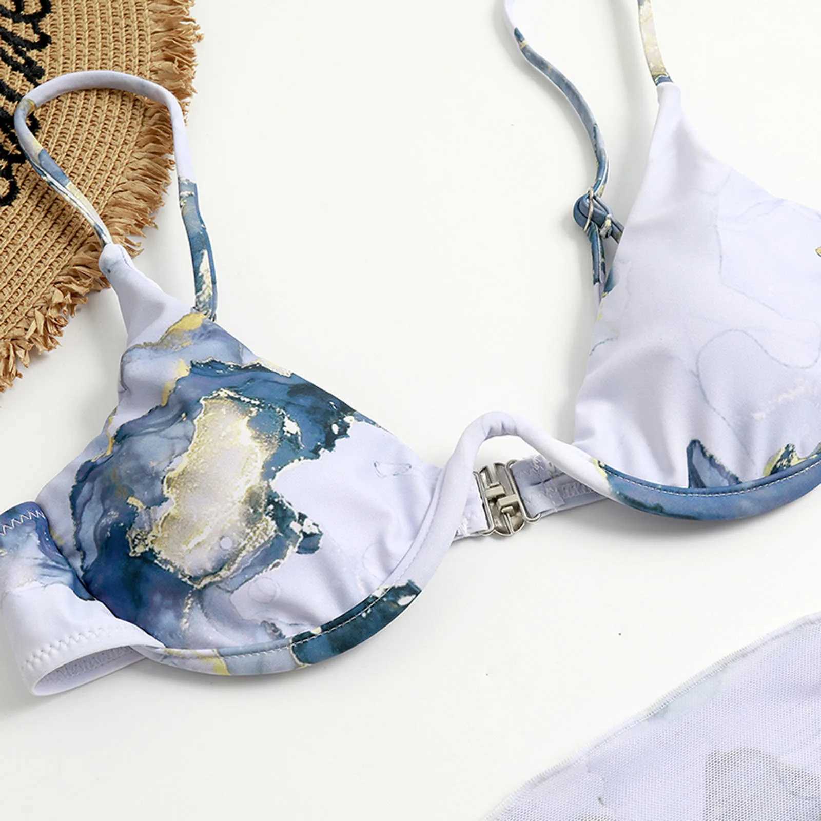 WomenS Swimsuits High Waisted Split WomenS Three-Piece Swimsuit Bikini Tie-Dye Printed Sexy -Tie Chiffon Swimwears XJ241223