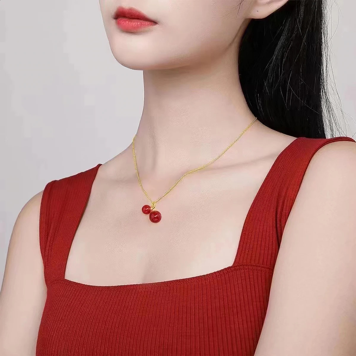 Wine Red Cherry Gold Colour Pendant Necklace Cherries 18K Laminated Gold Jewelry Necklaces April Gift for Teen Girls Party 241220