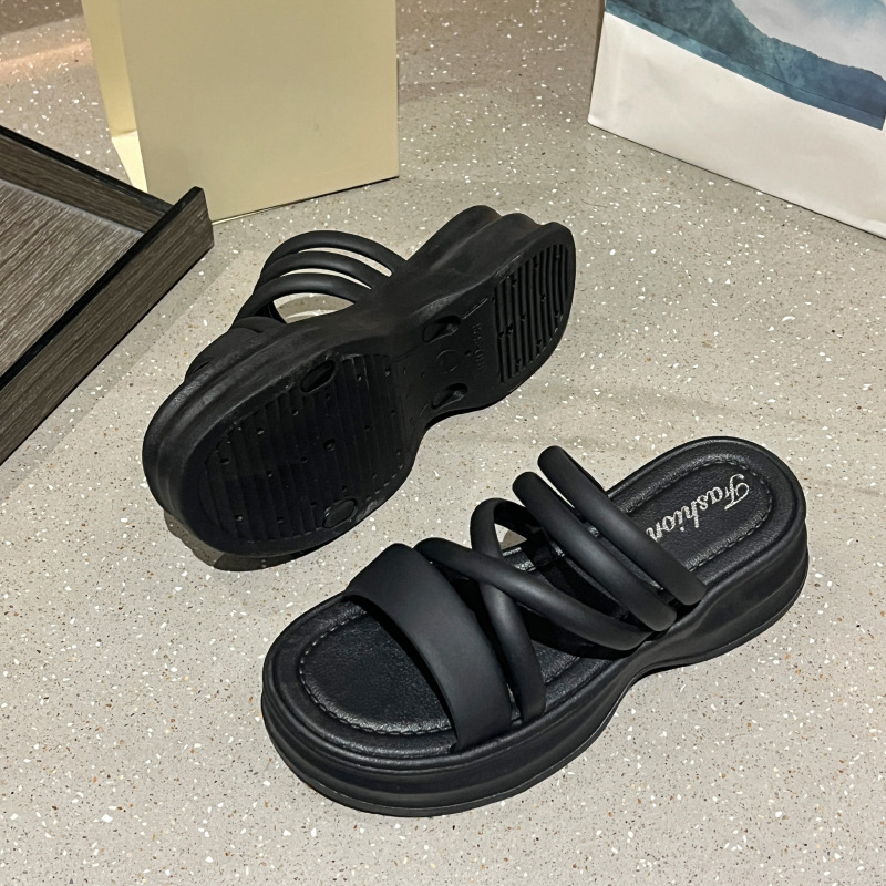 Free shipping hot designer slippers for womens black beige sliver Thick bottom cross thin strip
