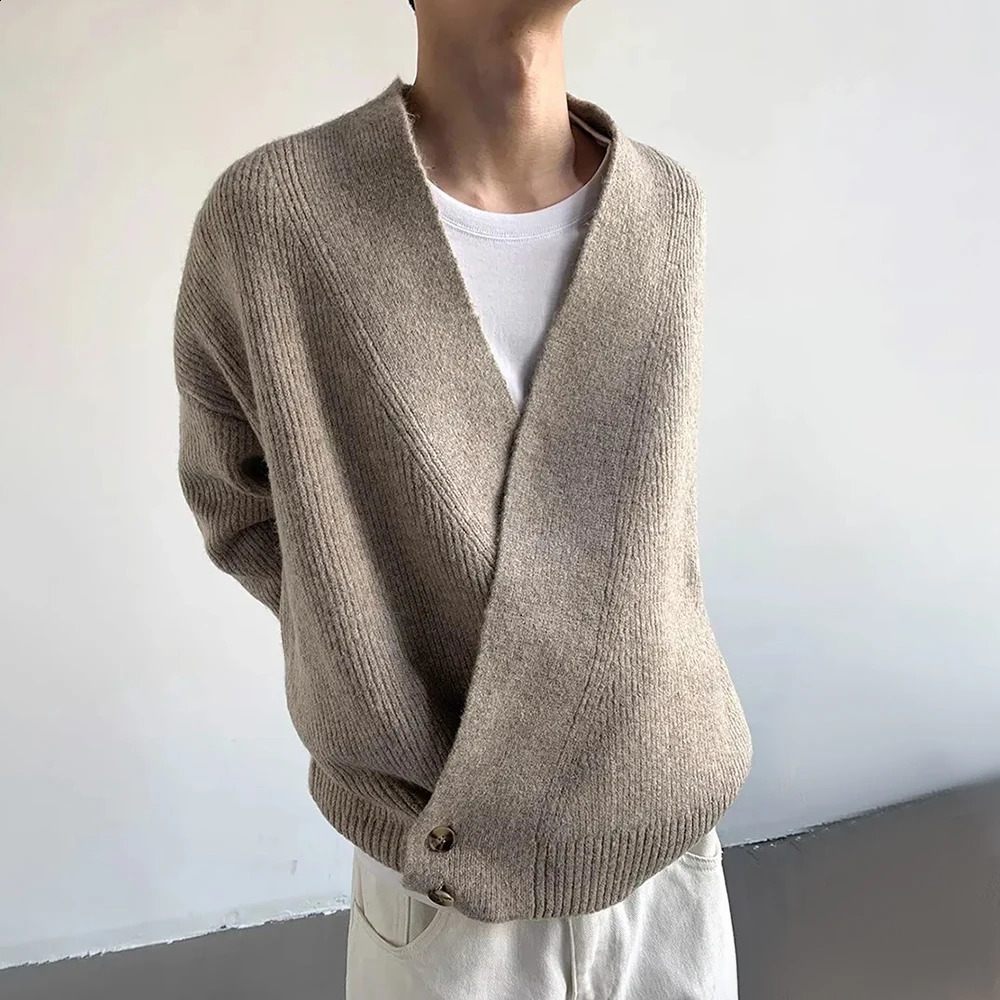 American High Street Fashion Solid Color Sweater Jacket Autumn And Winter Irregular Oblique Button V-Neck Cardigan Sweater Men 241223