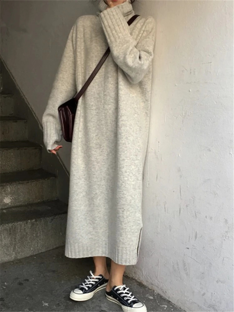 REALEFT Autumn Winter Loose Turtleneck Dress Female Straight Sweater Dresses Long Sleeve Knitted Womens 241218