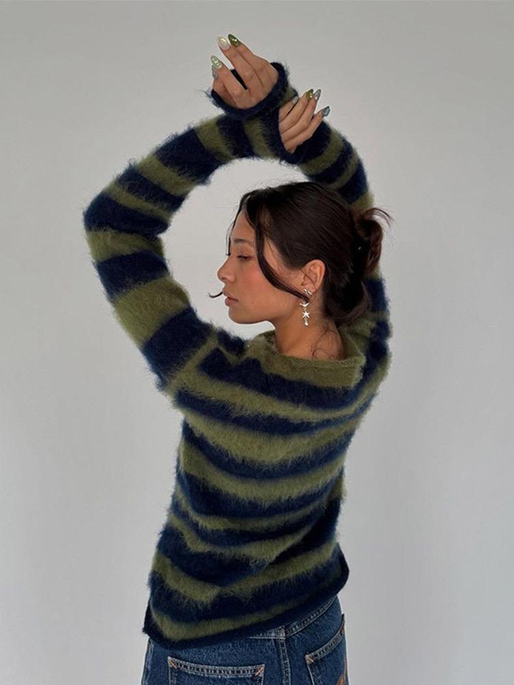 Mohair Striped Sweater Women Contrast Color Knitted O-Neck Long Sleeve Loose Chic Pullover Female Winter New Top Pollover
