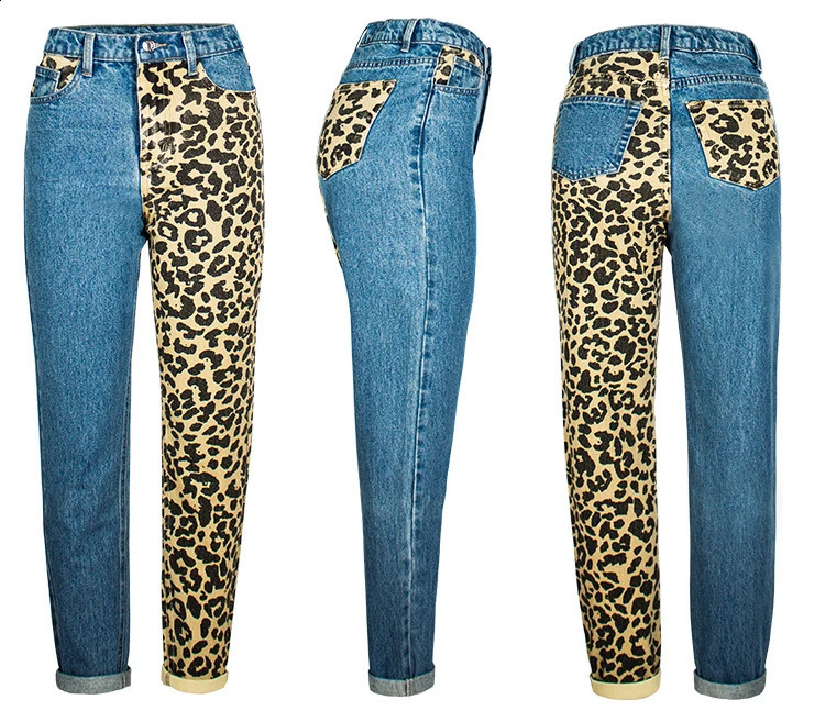 Straight Jeans Women Slouchy Leopard Print Denim Pants Color Block Trendy Aesthetic Trousers Boyfriend Oversize 3XL 4XL Palazzo 241220