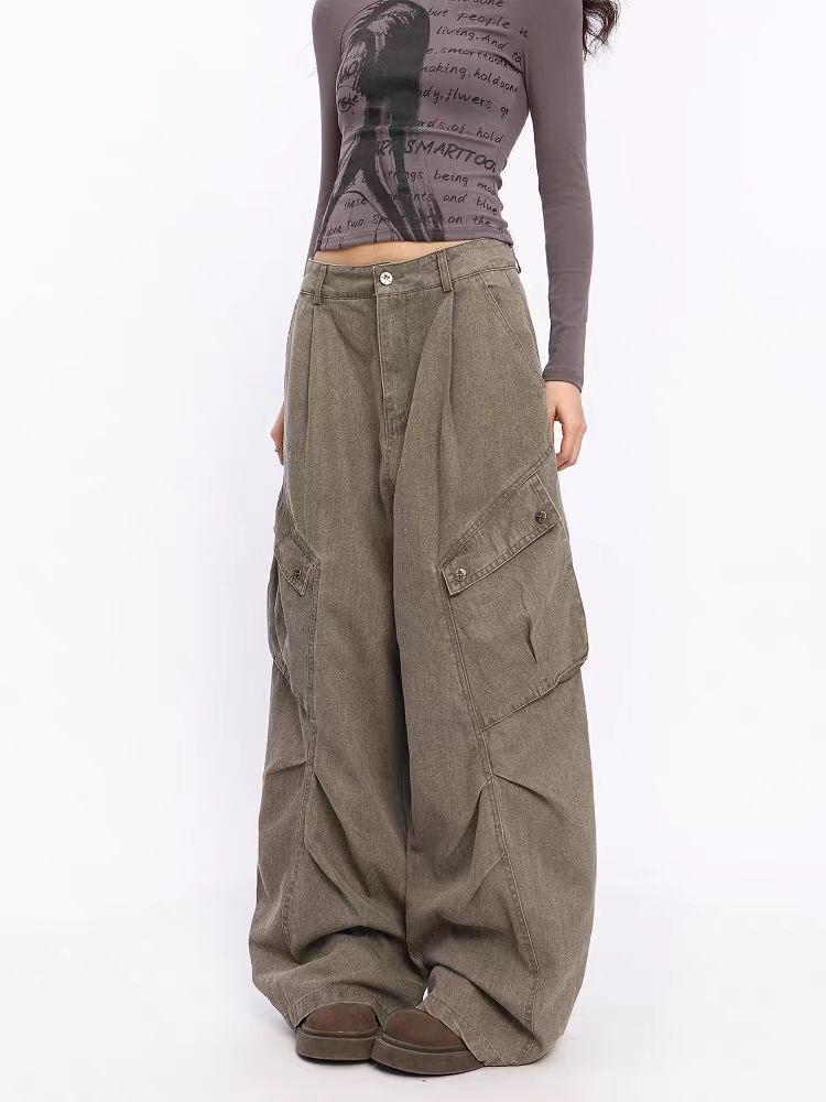 Women's Brown Y2k Cargo Jeans Baggy Haruku 90S Aesthetic Denim Trousers Vintage Jean Pants Japanese 2000S Style Trashy Clothes