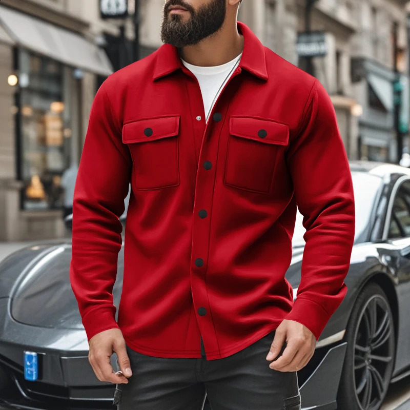 Stylish fleece single-breasted long-sleeved lapel shirt with double pockets shows personality and charm for many occasions 241223