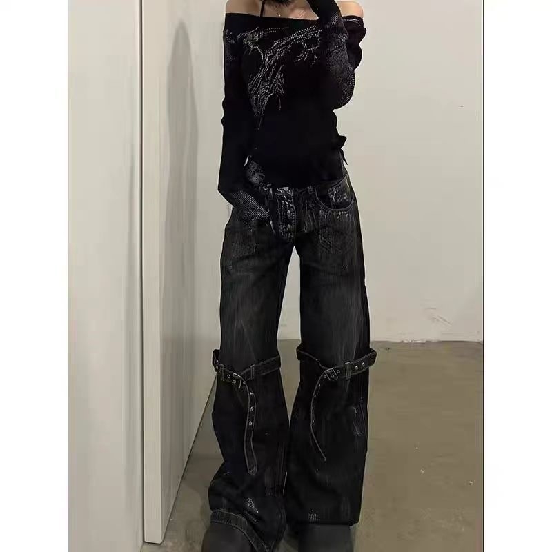 American retro wide leg bag casual denim Trouser Harajuku solid high waisted loose jeans 2024 summer belt womens pants 241223