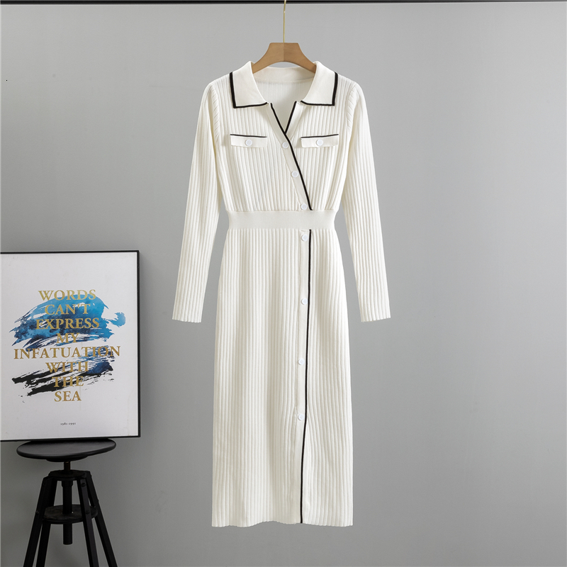 new Autumn New Women's Knitted Fashion Flip Collar Single Breasted Long Sleeved Slimming Temperament Dress