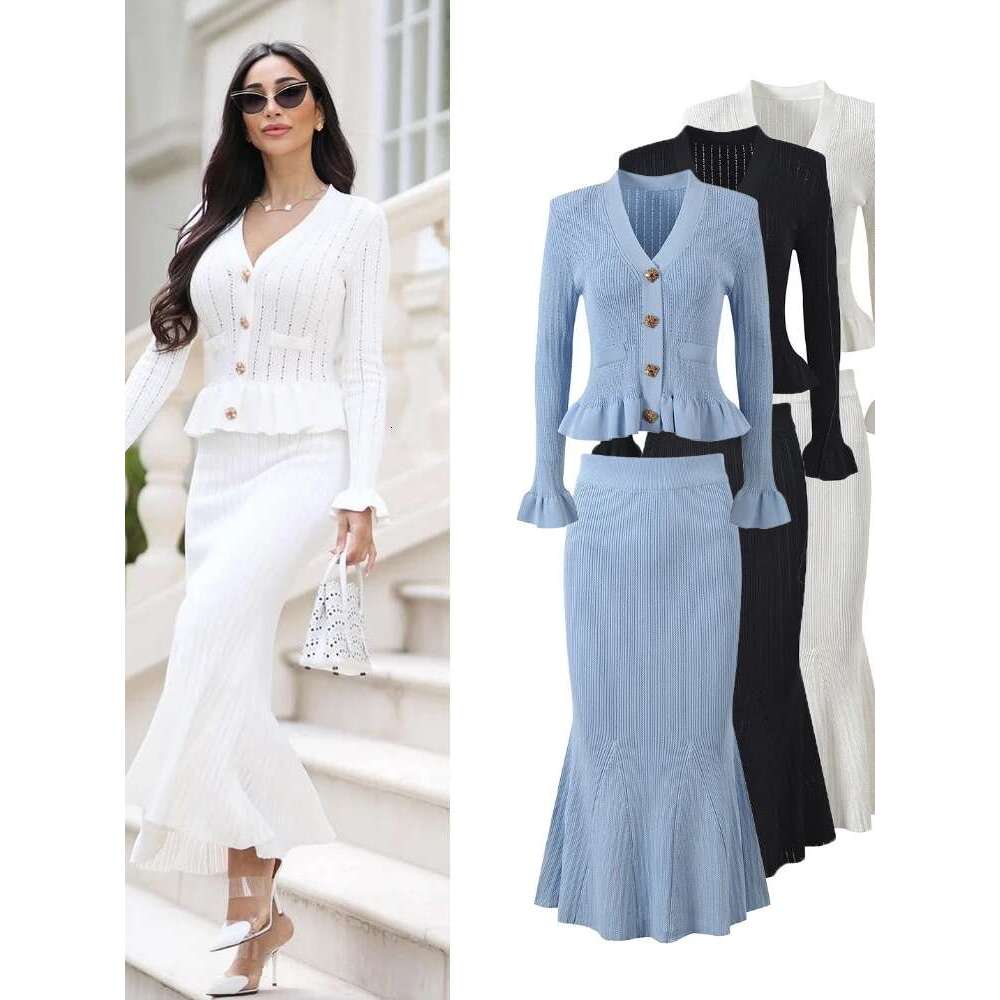 Dress Skirt Set French Elegant Knitted Two Piece Sets Women Ruffle V-Neck Long Sleeve Sweater Top High Waisted Midi Fishtail Skirt Vintage Suits