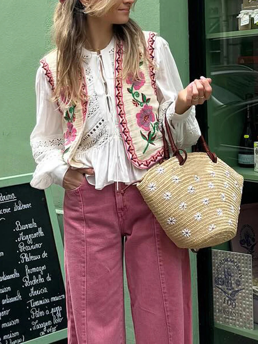 Women Vintage Boho Floral Embroidered Gilets Sleeveless Crop Cardigan Tops Open Front Vest Outwear Jackets 241220