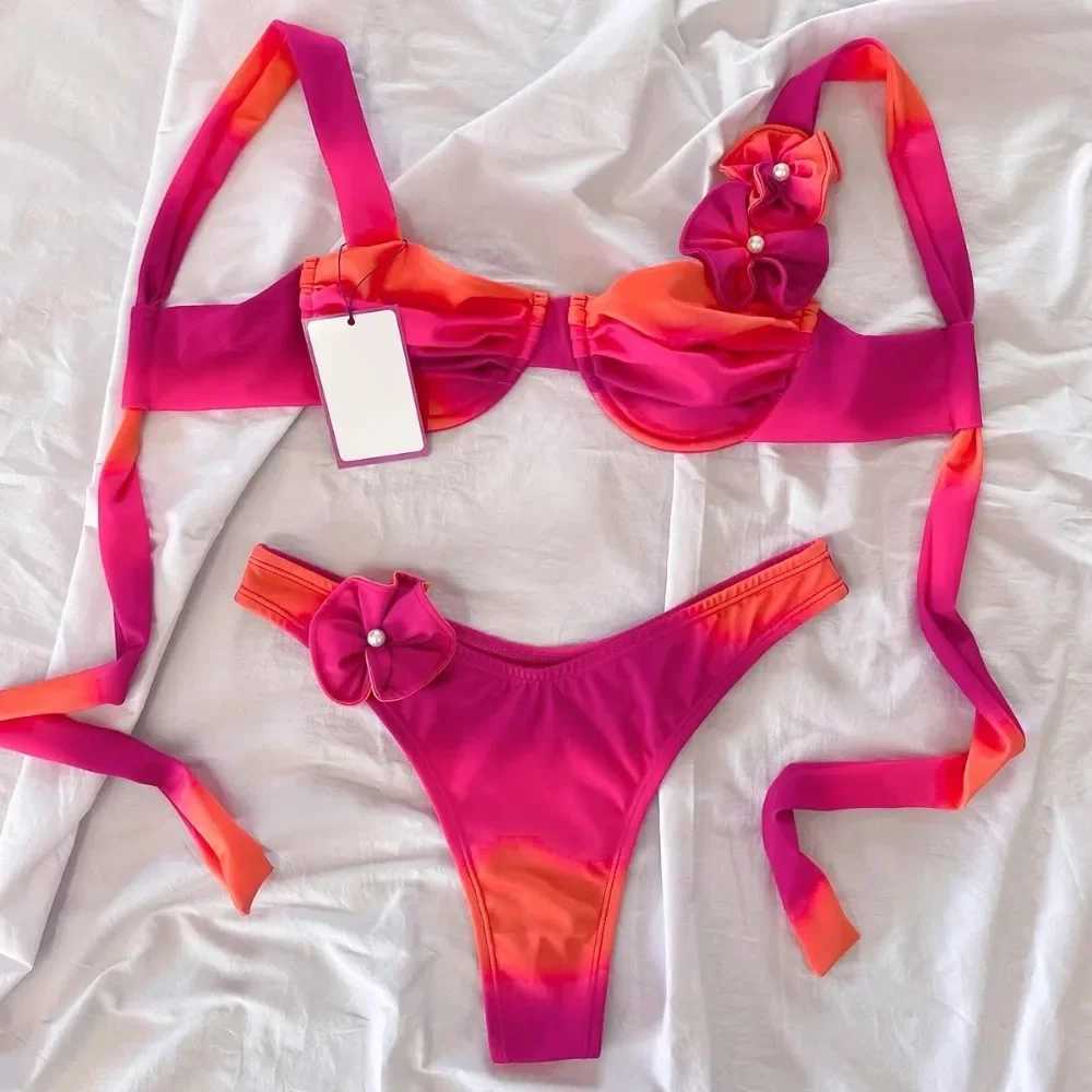 Sexy Flower Shiny Pink Push Up Bikini 2024 Women Swimwear Underwired Swimsuit High Cut Bathing Suit Wrinkled Bikinis Set BiquiniXJ241223