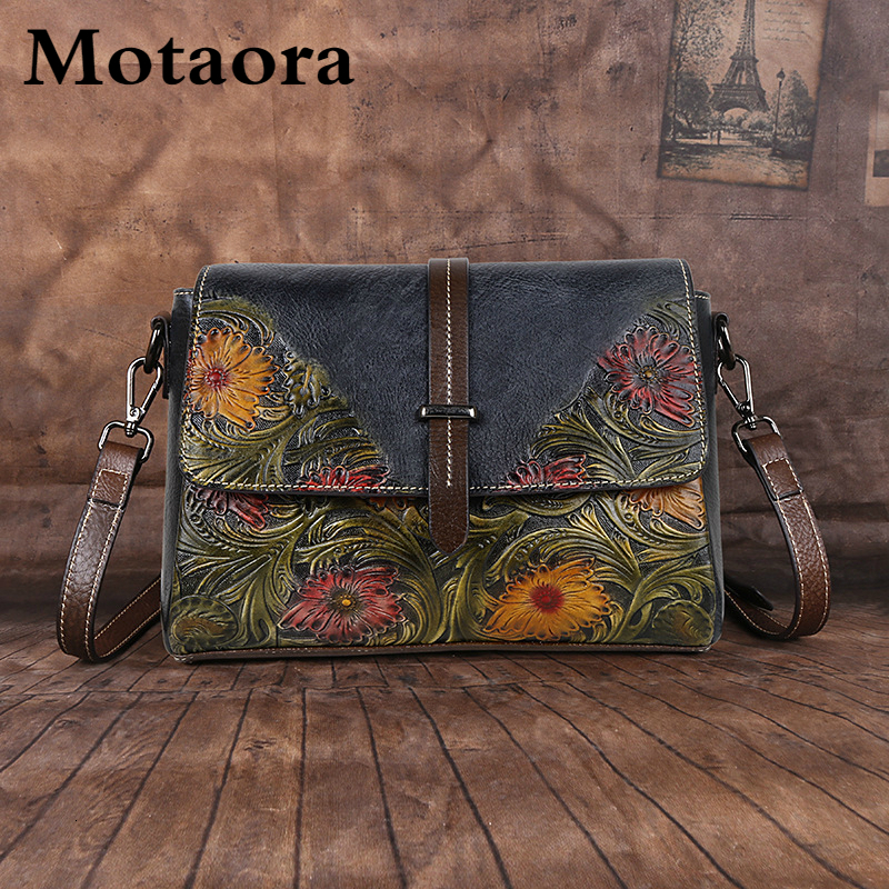 MOTAORA Women Shoulder Genuine Leather Handbag Female Handmade Emed Vintage Flap Bag Chinese Style Messenger Bags