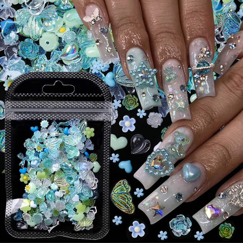 100Pcs 3D Colorful Mixed Nail Decorations Kawaii Resin Nail Charms Exqusite Bowknot Heart Flower Shaped Jewelry DIY Nail Accesso 241223