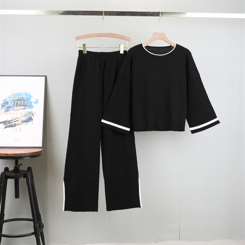 Women Pullovers Pant Set Casual Sweater Suits Knitted Loose Elegance Long Sleeve Tops Autumn Winter Elastic