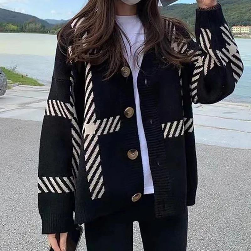 HELIAR Women Autumn Stripes Knitted Cardigan Sweater Loose Warm Buttons Up Coat Casual Office 2024 Winter 241220