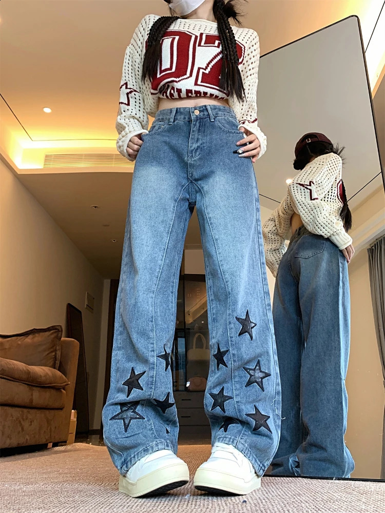 Baggy Jeans Women Star Patchwork Ins High Waist Y2k 2000s Autumn Slacks Mopping Trousers Cowgirl Clothes Streetwear Daily 241218