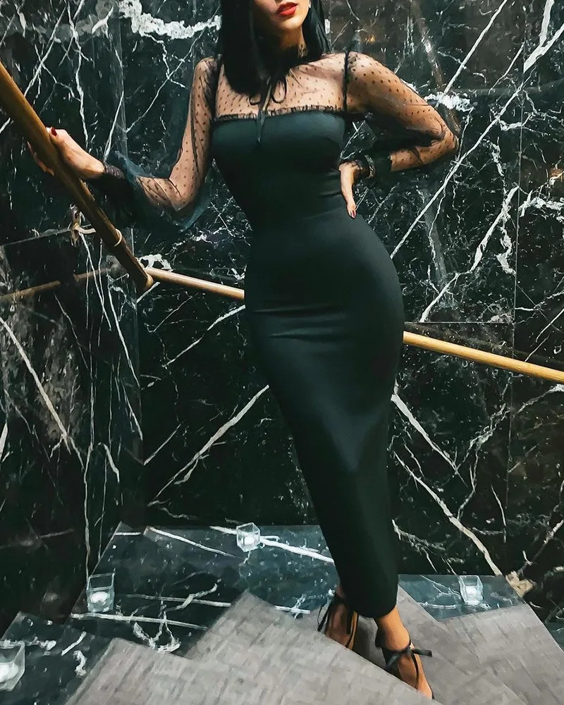 Womens solid elegant long sleeved mesh patch casual round neck Maxi sexy formal party black dress 241223