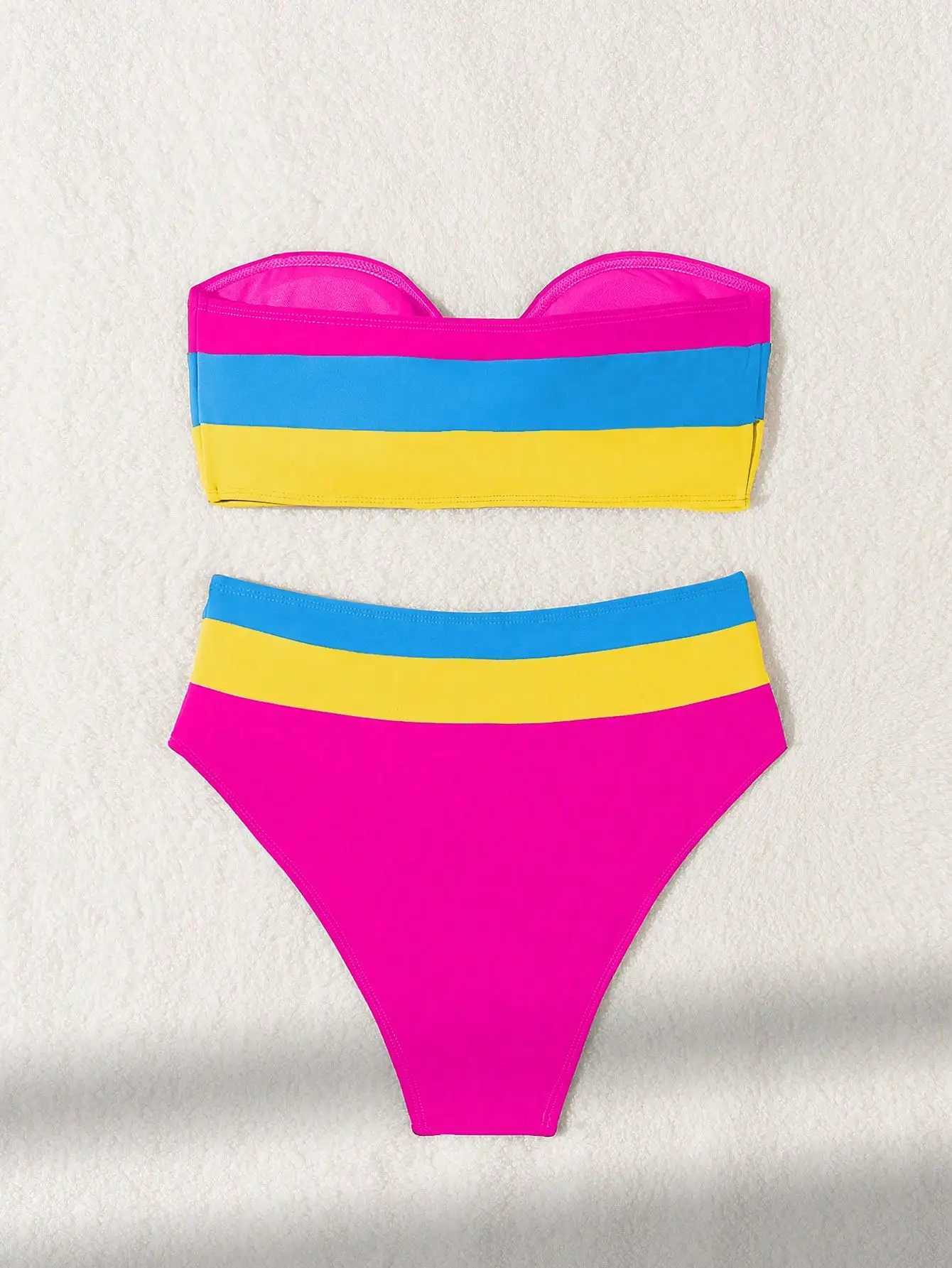 New solid color patchwork strapless split swimsuit set bikiniXJ241223