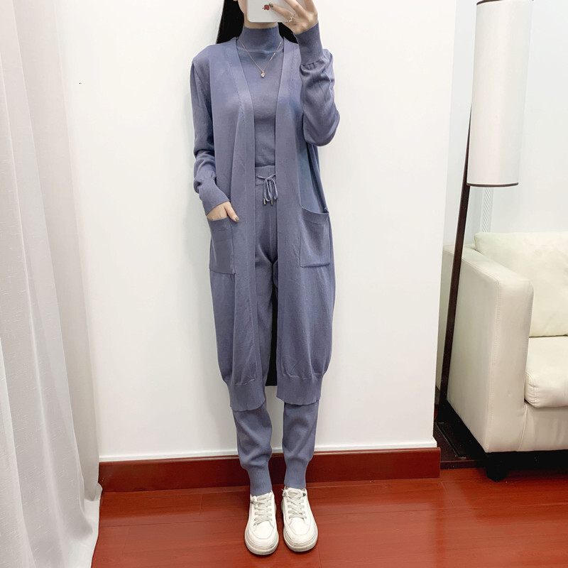 Fashion Women Sweater 3 Piece Set Tracksuit 2023 Autumn Long Cardigan Coat Half Turtleneck Vest + Pants Knitted Suits Outfits