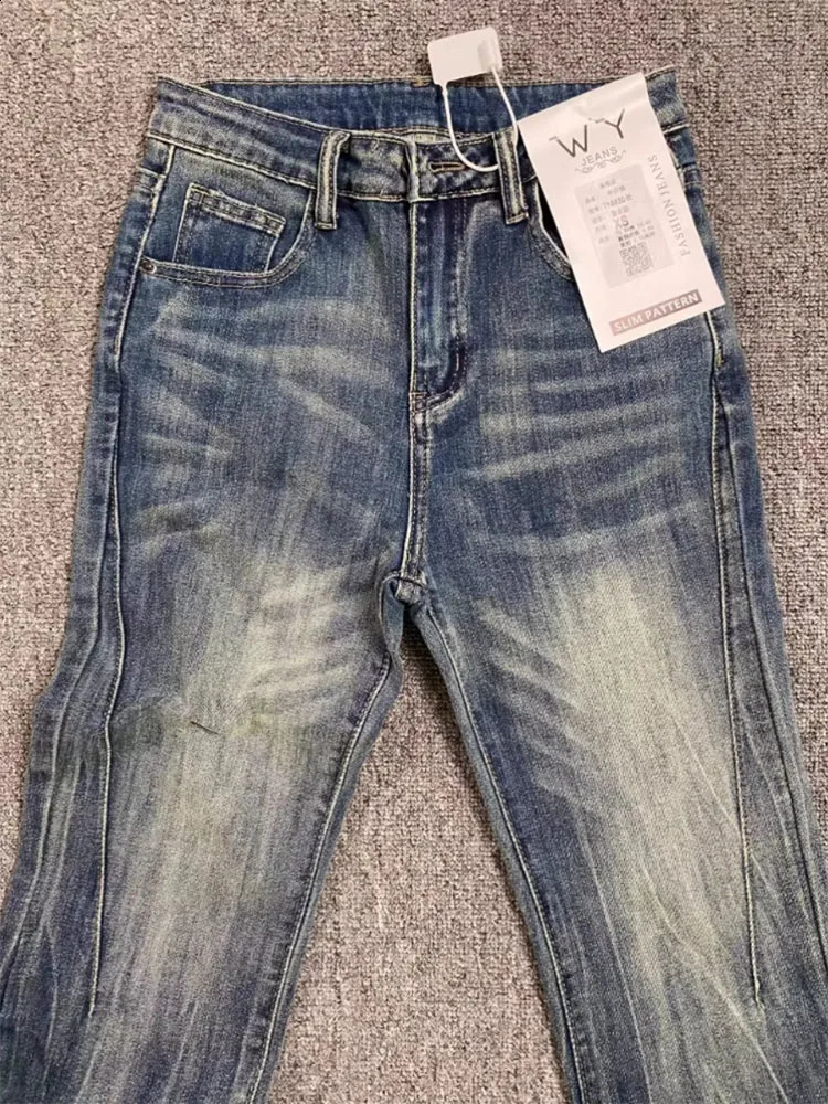 Office Lady Blue Flare Jeans High Street Slim Comfortable Bell Bottoms Women Fashion Denim Trousers American Retro Streetwear 241218