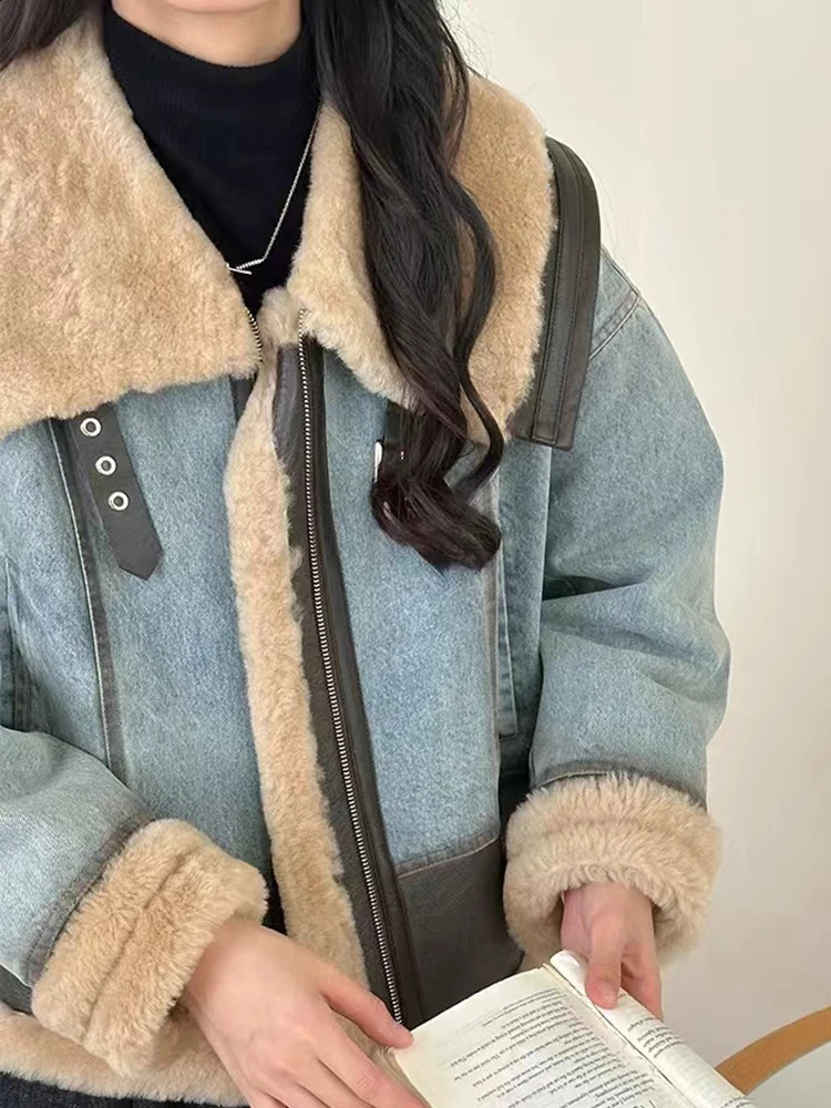 DEAT Fashion Integrated Fur PU Leather Patchwork Denim Jacket Womens Lapel Loose Zipper Motorcycle Jackets Winter 241220