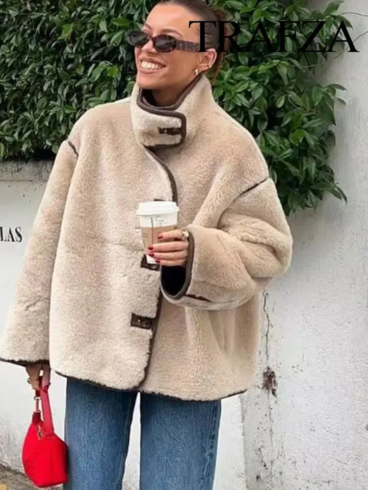 TRAFZA Womens Fashion Fleece Short Casual Jacket Women 2024 Elegant Long Sleeve Button Decoration Chic Pocket Thick Jacket Y2K 241223