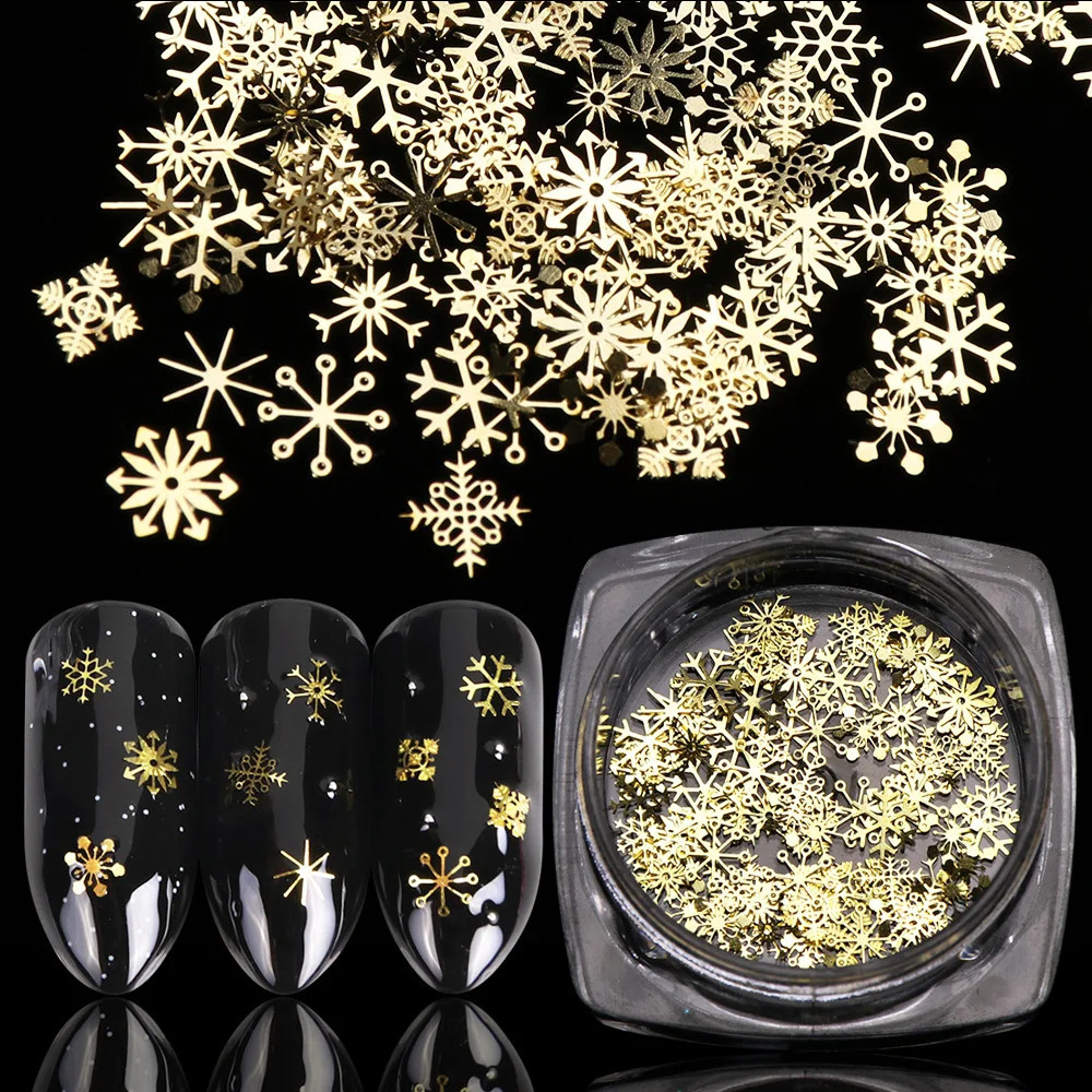 80-90pcsjar Hollow Out Gold Nail Glitter Sequin Snow Flakes 810mm Mixed Metal Snowflakes DIY Snow Flake Manicure Decor 241223