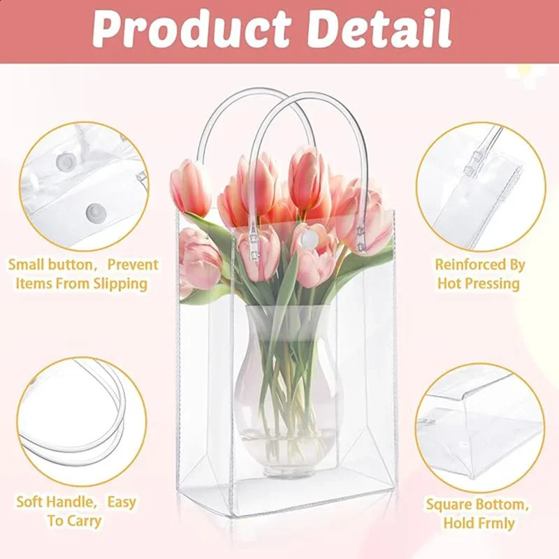10/20/30/50/100pcsTransparent Soft PVC Gift Tote Packaging Bags with Button Hand Loop Clear Plastic Handbag Cosmetic Bag 241223