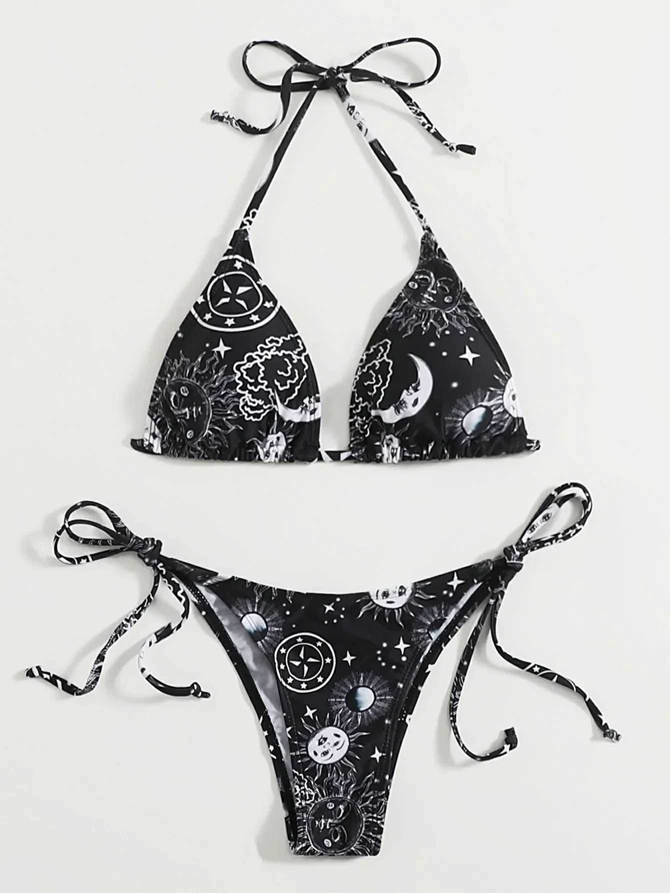 sexy gothic print black triangle bikini set separate high waist thong Swimwear Biquini conjunto de bikini tankini beachwearXJ241223
