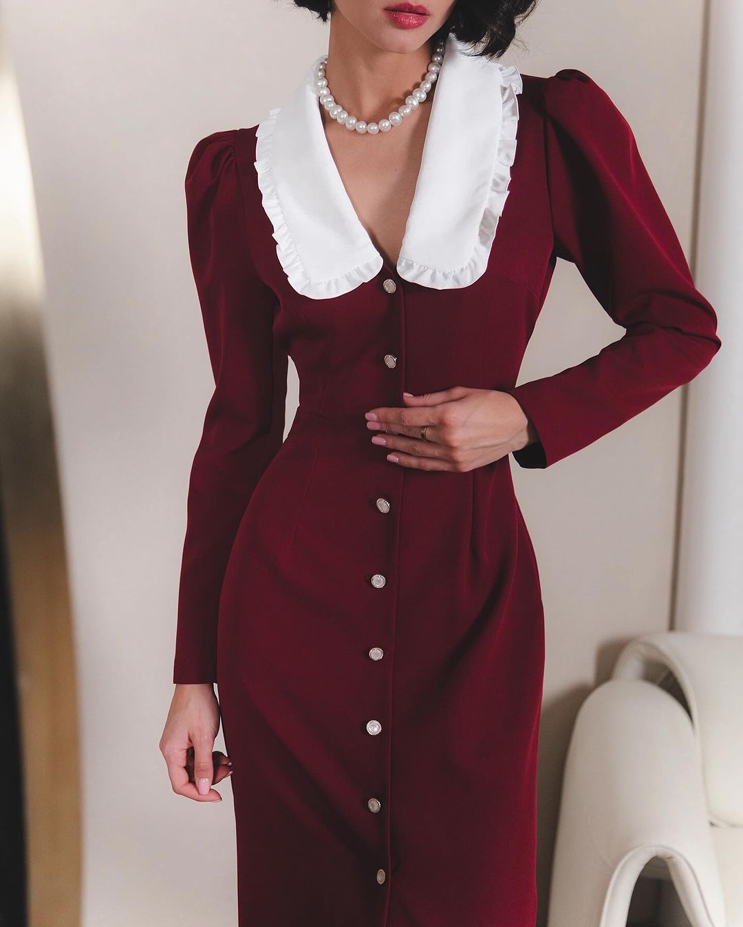 L94338 Spring Fashion French Baby Collar Puff Sleeve Button-up Contrast Color Slim Fit Hip Dress