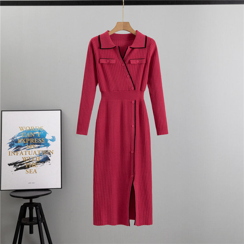 new Autumn New Women's Knitted Fashion Flip Collar Single Breasted Long Sleeved Slimming Temperament Dress