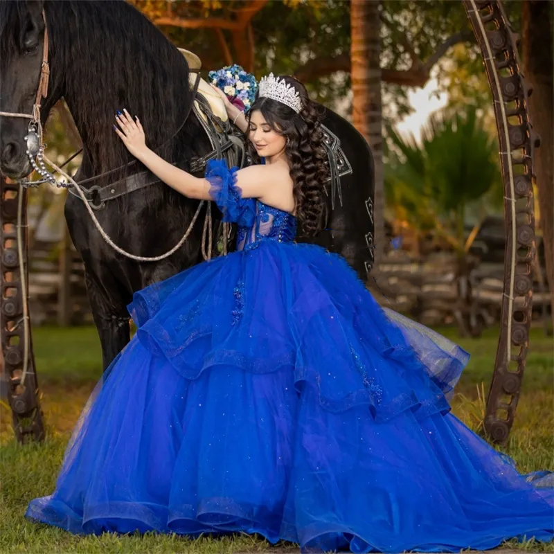 Blue Princess Quinceanera Dresses Off The Shoulder Long Ball Gown Prom Party Special Occasion Gowns Tiered Tulle Sweet 16 Dress Corset Back