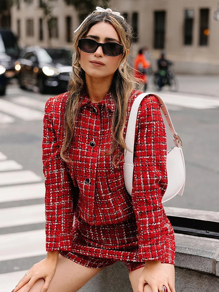 Plaid Knit Jacket Skirt Sets Women Contrast Slim Tops A Line High Waist Mini Skirts Fashion Christmas 2 Pieces Set Lady 241220