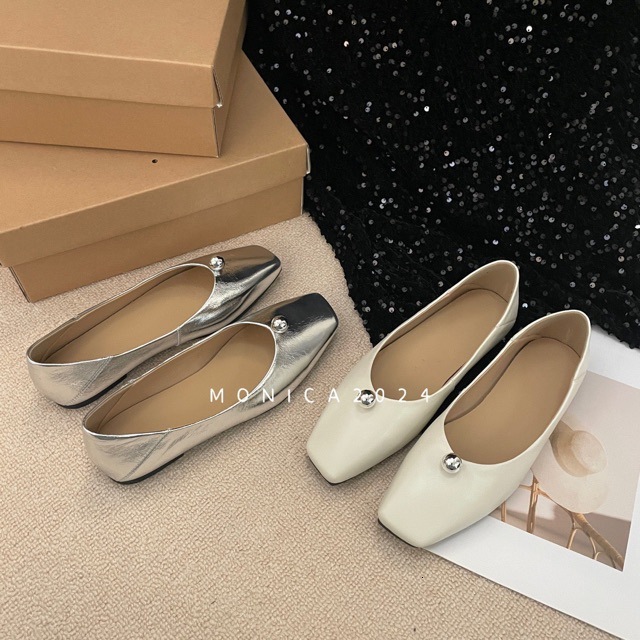 Monica 2024 Square Toe Single Shoe With Fashionable And Light Mouth Silver Mary Jane Ballet Shoes 103-3
