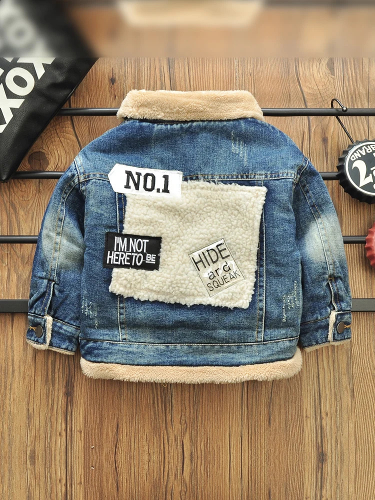 2-8 Years Old Kids Boy Denim Jackets Velvet Warm Coat Autumn Winter Lapel Fleece Lining Jean Coats Boys Outerwear 241223