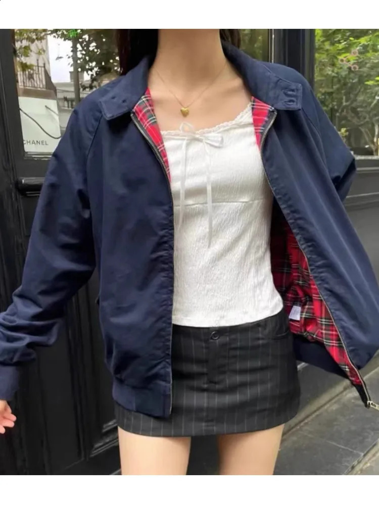 Casual Women Red Checkered Lining Jacket Coats Fall Retro Stand Collar Long Sleeves Solid Color Jakcets Female Chic Outwear 241223