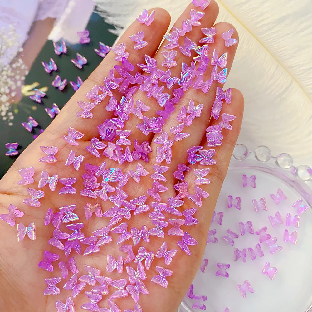 100Pcs Colorful Aurora Butterfly Nail Art Decoration 6mm Resin Mini 3D Butterfly Nail Charms AB Pink Cute Manicure Butterfly N* 241223